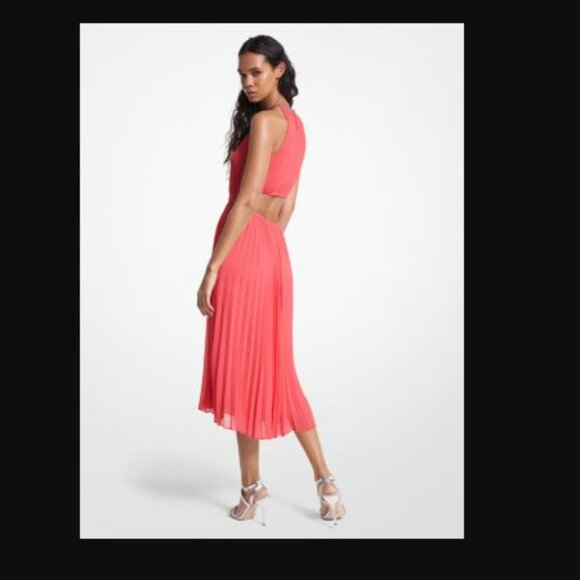 NWT Michael Kors Pleated Georgette Cutout Dress Size Large - Halter Maxi - Picture 3 of 6